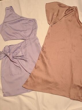 Amazon Lavender Two-Piece Crop Top & Skirt Set with Blush One-Shoulder Dress